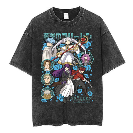 Anime Frieren: Beyond Journey's End Graphic Washed Vintage T-shirt Men's Women Fashion Short Sleeve Cotton Casual Loose T Shirts