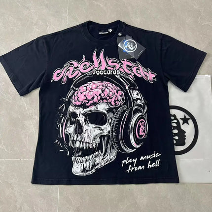 Retro Washed Loose Ex-Ort Sweet T-shirt Hell Star Skull Letter Print High Street Short Sleeve Summer Top for Men and Women