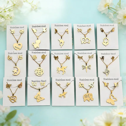 6/8/10/15Sets Fashion Flowers Heart Stainless Steel Earrings Necklace Set For Women Mix Style Trendy Jewelry Party Gifts
