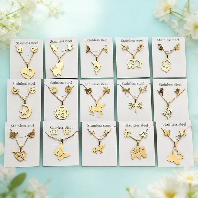 6/8/10/15Sets Fashion Flowers Heart Stainless Steel Earrings Necklace Set For Women Mix Style Trendy Jewelry Party Gifts