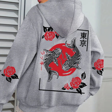 Tokyo Koi Fish Rose Harajuku Print Women Hoodie Loose Casual Hoody Autumn Multicolor Streetwear All-Match Fleece Clothes
