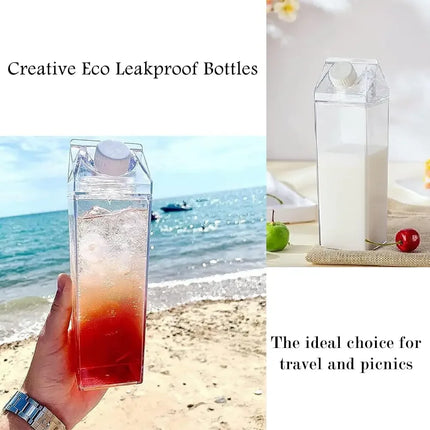 2pcs Milk Carton Water Bottle Transparent Plastic Square Milk Orange Juice Tea Container Box Sport Cup for Sports Travel Camping