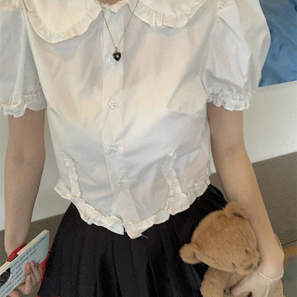White Doll Collar Bubble Sleeve Shirt Women's Summer 2025 New Design Sweet Short Style Top Polyester Fabric Pure Color Fresh...