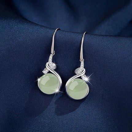 PANJBJ 925 Sterling Silver Jade Drop Earring for Women Zircon Round  Classic Grace Ethnic Jewelry Anniversary Gift Dropshipping