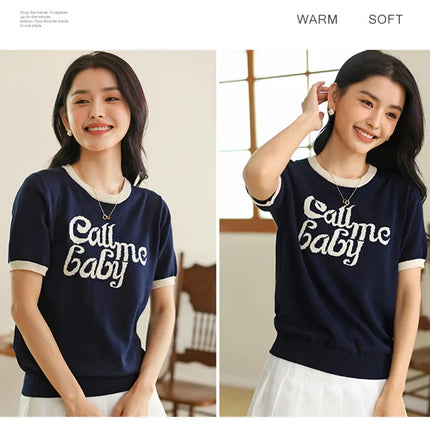 New women's short-sleeved 100% cotton knitted O-neck women's T-shirt Korean version fashionable hot selling top