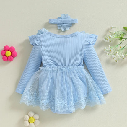 Pudcoco Infant 2-Piece Baby Girls Set 3D Flower Bow Long Sleeve Mesh Dress Romper Headband Adorable Ribbed Outfits 0-18M