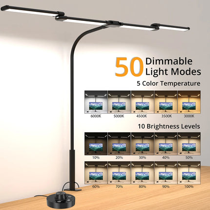 2-Headed LED Desk Lamp for Office Home Eye-Caring Architect Lamp with Clamp USB 3 Color Flexible Adjustable Lighting Table Lamp
