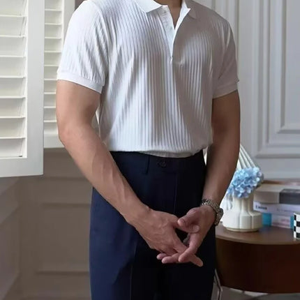 Vertical Stripe Knit Polo Men's Shirts Summer New Slim Solid Color Breathable Turn-Down Collar Business Short Sleeve Polo Tops