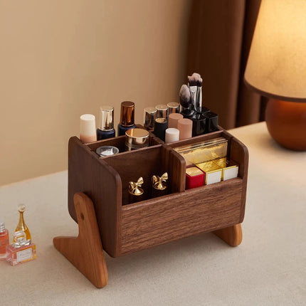 Walnut Cosmetic Organiser Desk-top Vanity Unit Lipstick & Eyeshadow Organiser Makeup Brush Holder Large Capacity Storage Rack