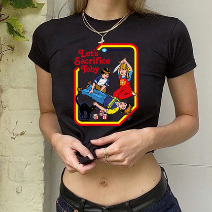 Crop Top Gothic Horror Y2k Aesthetic 90s Satan T Shirt Women Satanism Evil Demon Grim Death Tshirt Female Cropped T-shirt