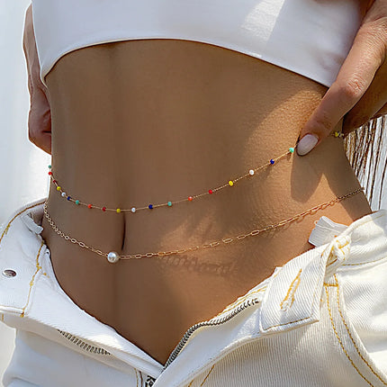 Sexy and Minimalist Imitation Pearl Chain Metal Waist Chain Mixed and Stacked Fashion Girl Beaded Woven Body Chain Belly Chain
