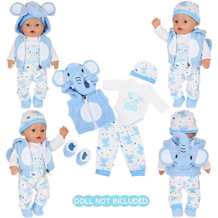 18 Inch Reborn Doll Clothes Set Cute Cat Elephant Panda Hooded Outfit Bodysuit Pants Hat Shoes Soft Plush Doll Accessories Gifts