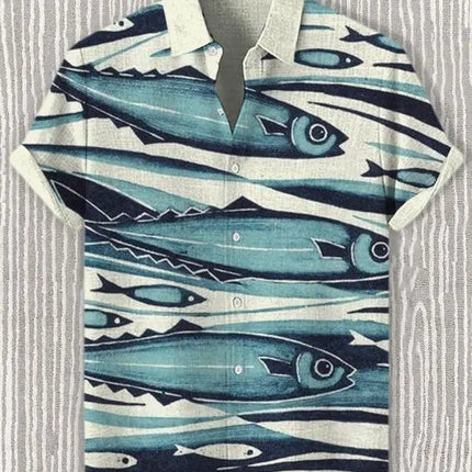 Summer Men's Casual Sea Life Graphic Short Sleeved Shirt Button Down Lapel Shirts Oversized Tops Casual Hawaiian Shirt for Men