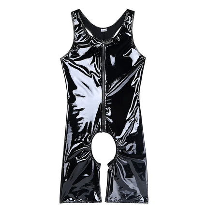 Plus Size Mens Sexy Open Crotch Bodysuit Patent Leather Catsuit Wetlook Erotic Latex Bodycon Crotchless Singlet Leotard Jumpsuit