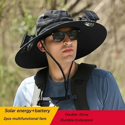 New Men's Fashion Wide Brim Solar Fan Hat UPF50+ Sun Protection with Dual Power (Solar USB) Adjustable Outdoor Beach Fishing Hat