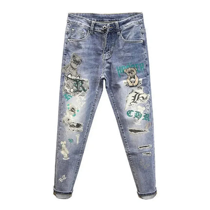 New 2025 Men's Casual Slim Jeans for Spring Autumn with Bear Print Pencil Pants Style Luxury Clothing Cowboy Streetwear Pants