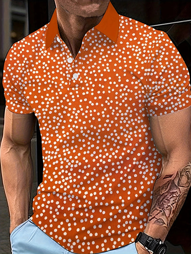 Golf Shirt for Men, Casual Fashion, Sports Collar, Short Sleeved Shirt, Orange White Dot Print, Three Button Classic Polo Golf
