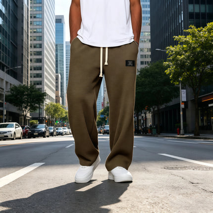 Men Breathable Waffle Knit Wide Leg Sweatpants Drawstring Label Decor Loose Straight Casual Street Sports Trousers