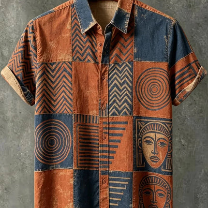 Men's Tribal Portrait Geometric Print Vacation Short Sleeved shirt, For Casual travel, Beach travel, And Ethnic Vacation Style