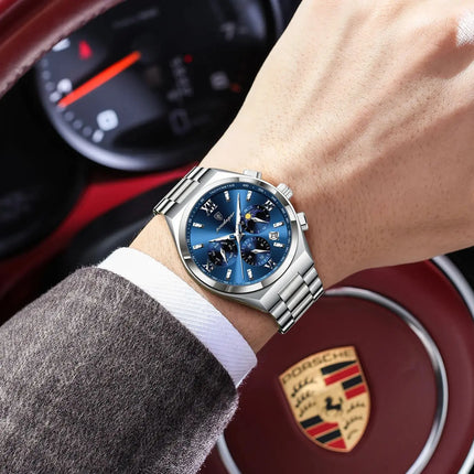 POEDAGAR Fashion Functional Men's Wristwatch Luminous Week Date Business Watch For Men Stainless Steel Sports Men's Quartz Watches