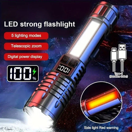 Rechargeable LED Flashlight Zoomable Torch with LCD Display 5 Modes Waterproof High Power Hand Light Outdoor Wilderness Camping