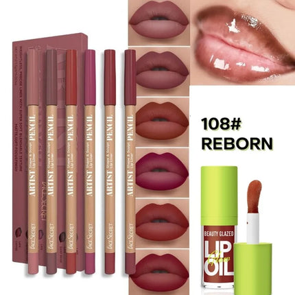 BEAUTY GLAZED 6Pcs Matte Waterproof Lipliner Set+Lip Oil  Lip Essence Lip Oil Plumping Lip Tint Lip Care Lip Gloss Glaze Makeup