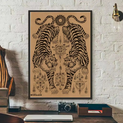 Thai S-Sak Yant Twin Tigers Poster Stickers HD Waterproof Painting Wall Art for Bedroom Living Room Home Decor Decoration Gift