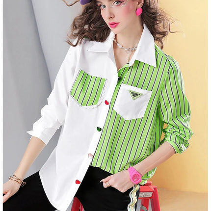 Spring new striped stitching high-end temperament casual women's shirt top for women
