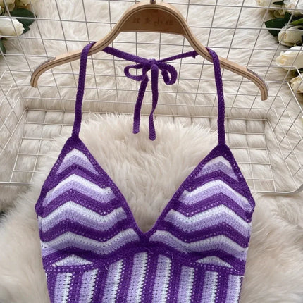 Beach Vacation Style Cami Top Women Design Sense Color Blocking Hook Flower Slim Fit Camisole Short Sexy Exposed Navel Crop Tops