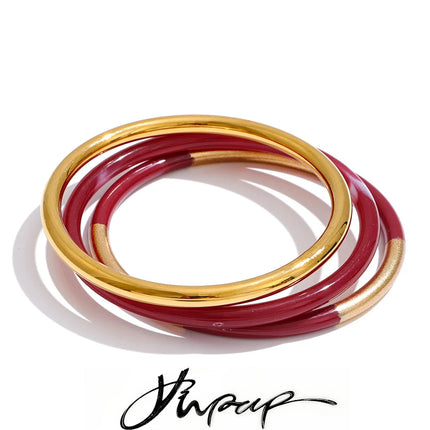 Yhpup 1Set 66mm 3 Round Circle Resin Overlay Minimalist Bracelet Bangle Set 18K Gold Plated Stainless Steel Wrist Trend Jewelry