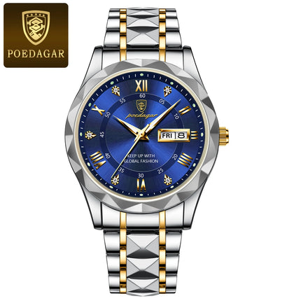 POEDAGAR Luxury Business Men's Watches Waterproof Stainless Steel Luminous Men's Wristwatch Date Week Quartz Sport Men's Watch Reloj