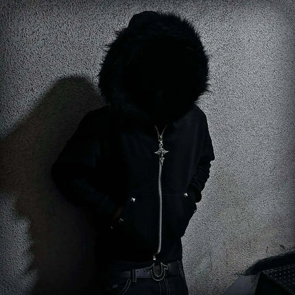 Plush collar rhinestone cardigan zipper hooded sweatshirt rhinestone dark style y2k trendy street women's hoodie