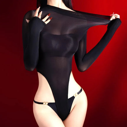 Oil Shiny Bodysuit 5D Stocking Jumpsuit Women Long Sleeve Silky and Smooth Crotchless Romper Tight Fitting Underwear Transparent