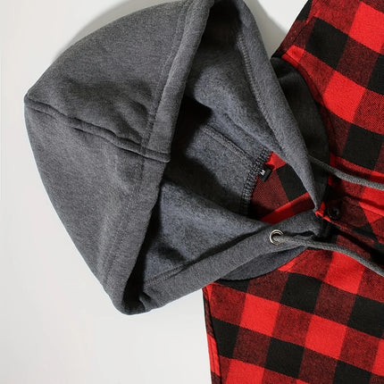 Men's Shirts Classic Plaid Casual Button Down Hooded Long Sleeved Double Pockets Shirt Hoodie Flannel Jacket Spring Autumn Tops