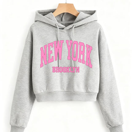 Fashion New York Brooklyn Print Autumn Winter Cropped Sweatshirt Crop Top Hoodie Y2k Sweatshirts Gothic Casual Style Clothes