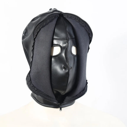 Adjustable Size Fetish Double Leather Mask with Zipper for Adult Mysterious Role Play Terror Masquerade Party Mask Hood Costume
