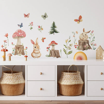 Cartoon Little Rabbit Tree Stump Forest Bedroom Living Room Home Wall Background Beautification Decorative Wall Stickers