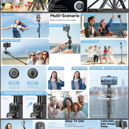 Extendable Auto Face Tracking Tripod 360° Rotation, No App, 64" Motion Sensor Phone holder Stand Camera Mount for Videos Vlogs