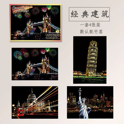 DIY 4Pcs Night Scene Art Scratch Painting Toys City Building Landscape  Educational Toys Birthday Gift Room Decor