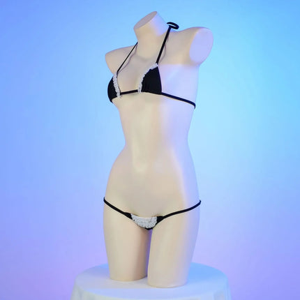 Anime Mini Bikini Set Black  Pu Leather Maid Bathing Suits Leather Bra With Lace Cosplay Costume Girl Swimsuit Role Play Lace
