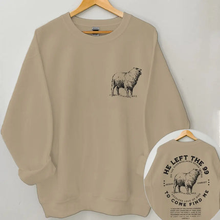 Faith-Based Gift Sweatshirt Christian Gift "He Left The 99" Sheep Graphic Pullover Perfect for Easter Bible Verse Crewneck Tops
