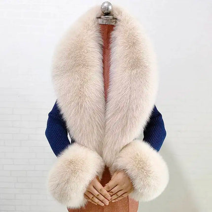 Winter Natural Fox Fur Scarf And Cuff Set Women Jacket Fur Collar Authentic Neck Warm Scarves Luxury Fluffy Fox Fur Shawl