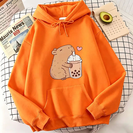 Funny Kawaii Bubble Tea Capybara Hoodie Women/Men Aesthetic Graphic Hoodies Unisex Autumn Winter Harajuku Pullovers Sweatshirts