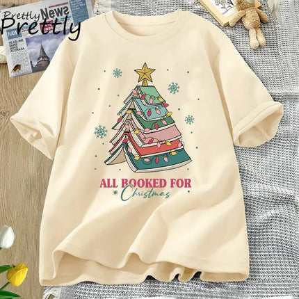 Book Tree Christmas T Shirt All Booked for Christmas T-shirt for Book Lover Librarian Teachers Tees Bookish Cotton Tshirt
