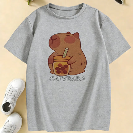 Girls' Trendy Capybara Letter Print Design T Shirts Kids Children's T-shirt Boys Girls Summer Spring Casual Top Tee