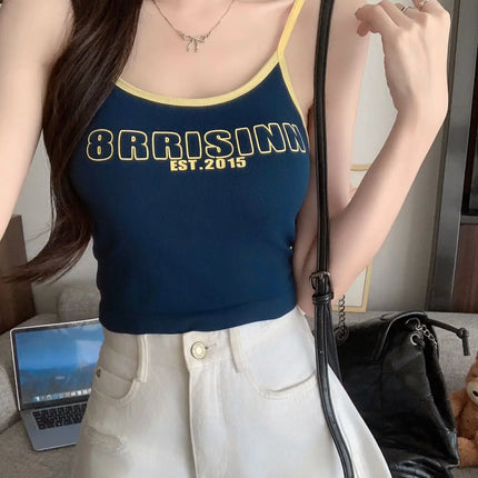 Summer Outdoor Svel Design Sensation Spicy Girl Top American Retro Color Collision Letter Print Strap Vest Women