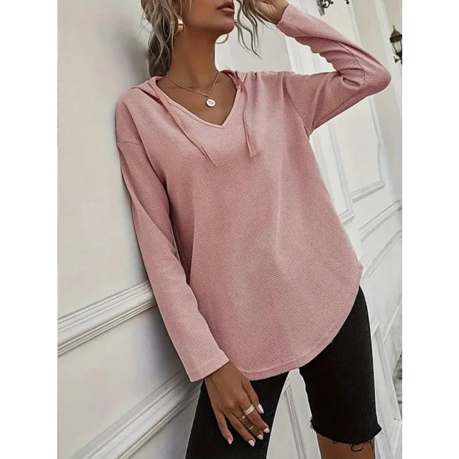 Plus Size 1XL-5XL New Women's V-neck Long Sleeve Hoodie Sweater Women's Drawstring Pullover Top