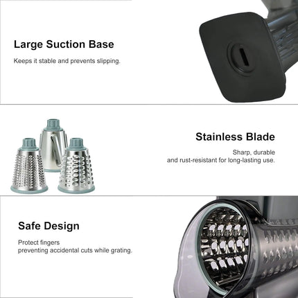 3-in-1 Manual Rotary Cheese Grater Vegetable Slicer with Suction Base Kitchen Mandoline Shredder for Potatoes Easy to Clean
