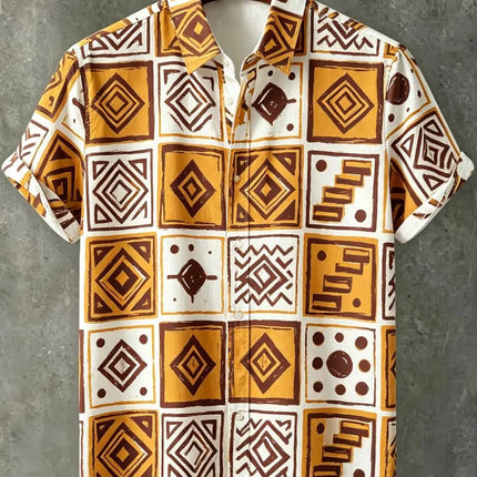 Men's Tribal Portrait Geometric Print Vacation Short Sleeved shirt, For Casual travel, Beach travel, And Ethnic Vacation Style