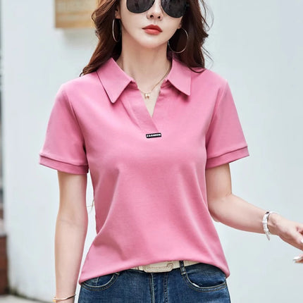European Station Polo Neck Short sleeved T-shirt Women's Summer New Fashion Light Luxury Loose Large Cotton V-neck Casual Top